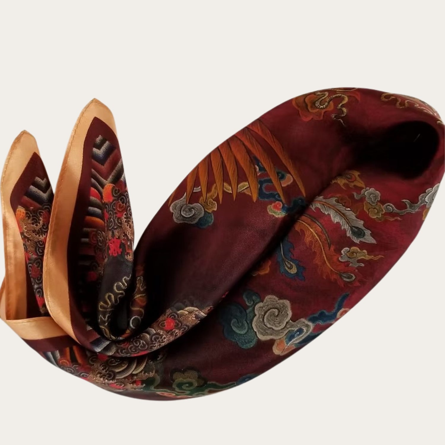 53cm Mulberry Silk Scarf – Dragon &amp; Phoenix Oriental Motif Small Square Silk Bandana