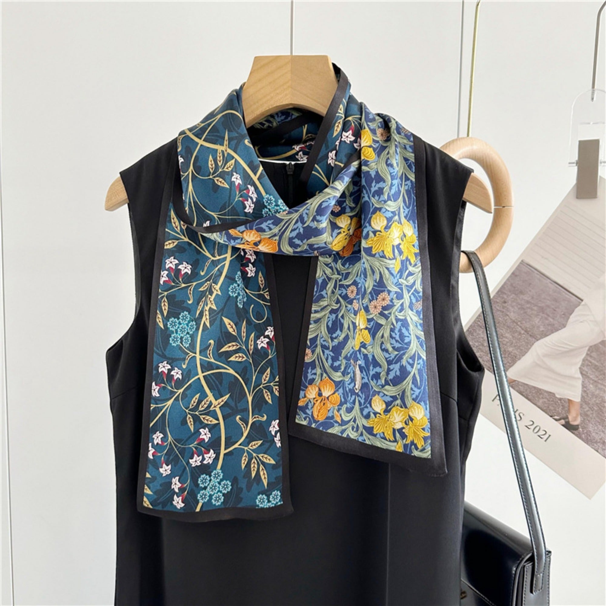 Blue Double-Sided Floral Mulberry Silk Scarf | Soft &amp; Romantic Long Ribbon