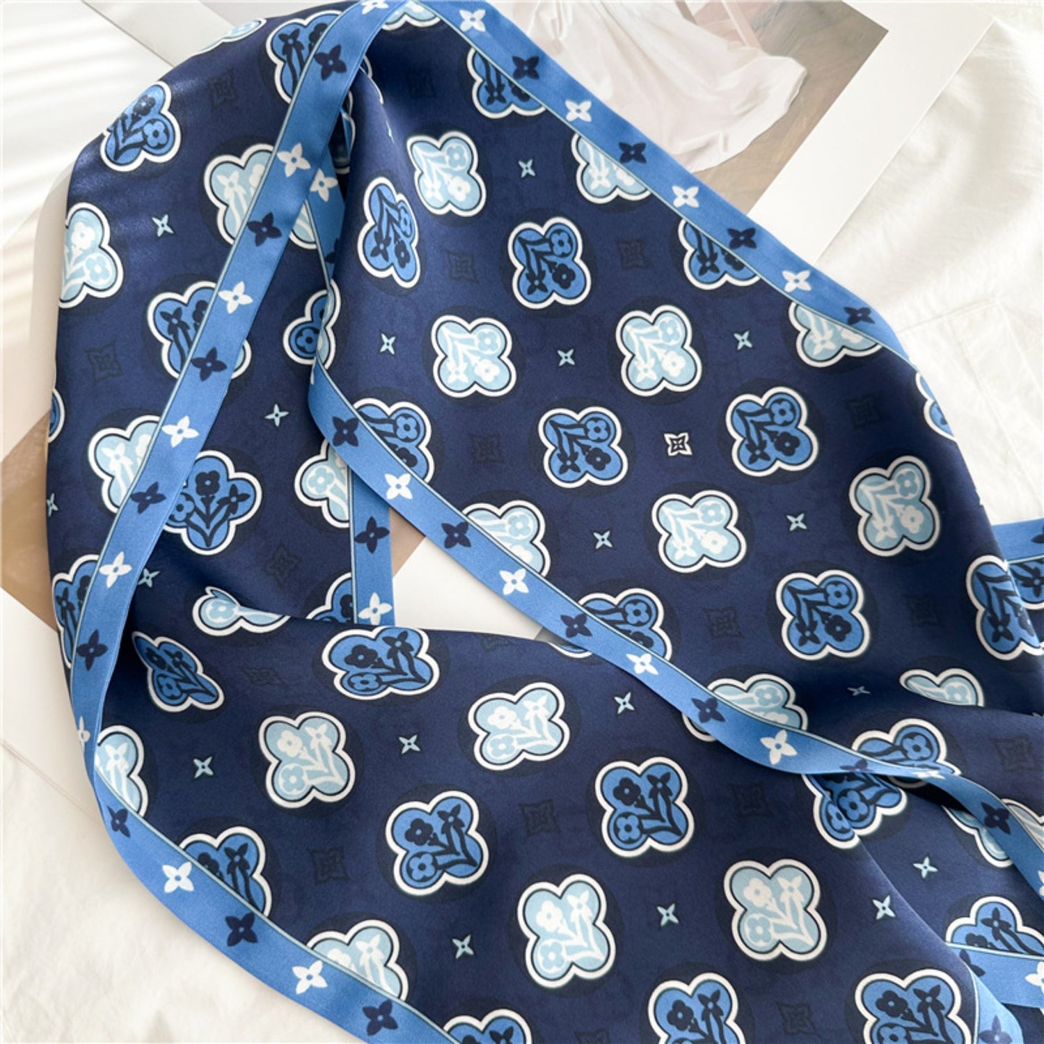 Blue Four-Leaf Clover Mulberry Silk Scarf | Lucky Charm Double-Sided Long Ribbon