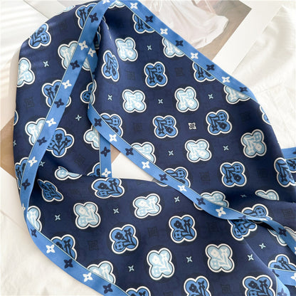 Blue Four-Leaf Clover Mulberry Silk Scarf | Lucky Charm Double-Sided Long Ribbon