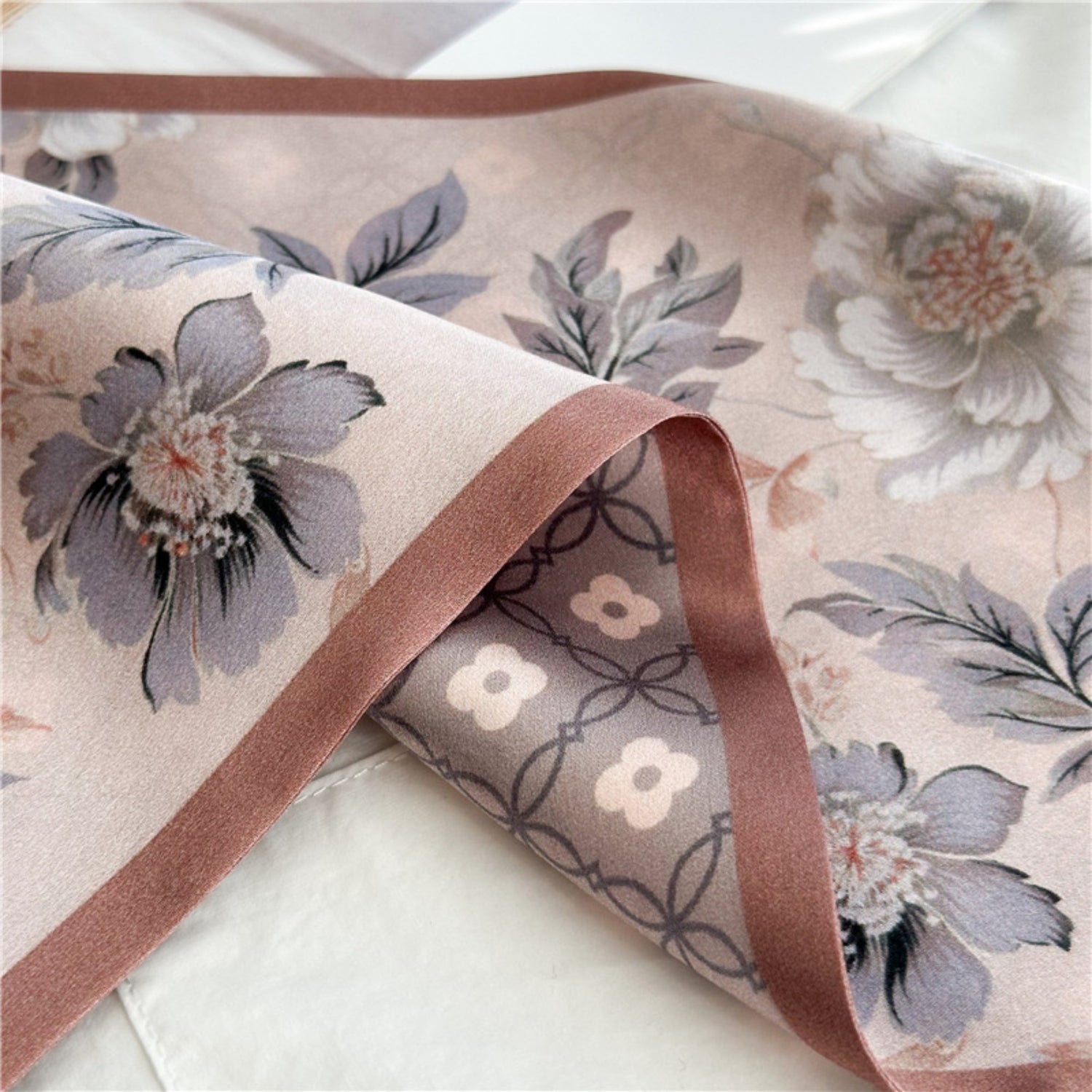 Soft Pink Floral Mulberry Silk Scarf | Romantic Tiny Blossom Long Ribbon