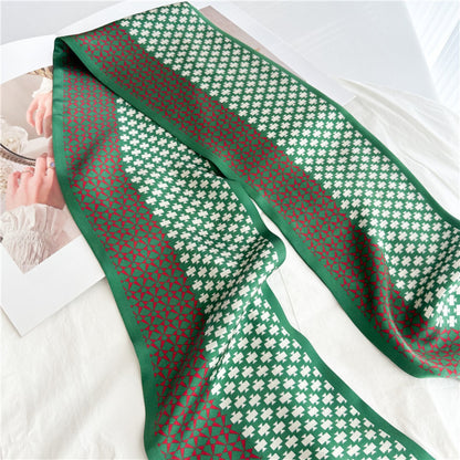 Vintage Geometric Green Mulberry Silk Scarf | Double-Sided Elegant Long Ribbon