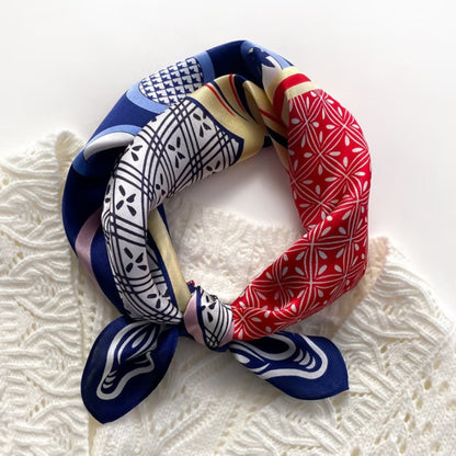 53cm Mulberry Silk Twill Scarf – Geometric Boho Patchwork Bandana, Vintage Print Small Square Silk Scarf