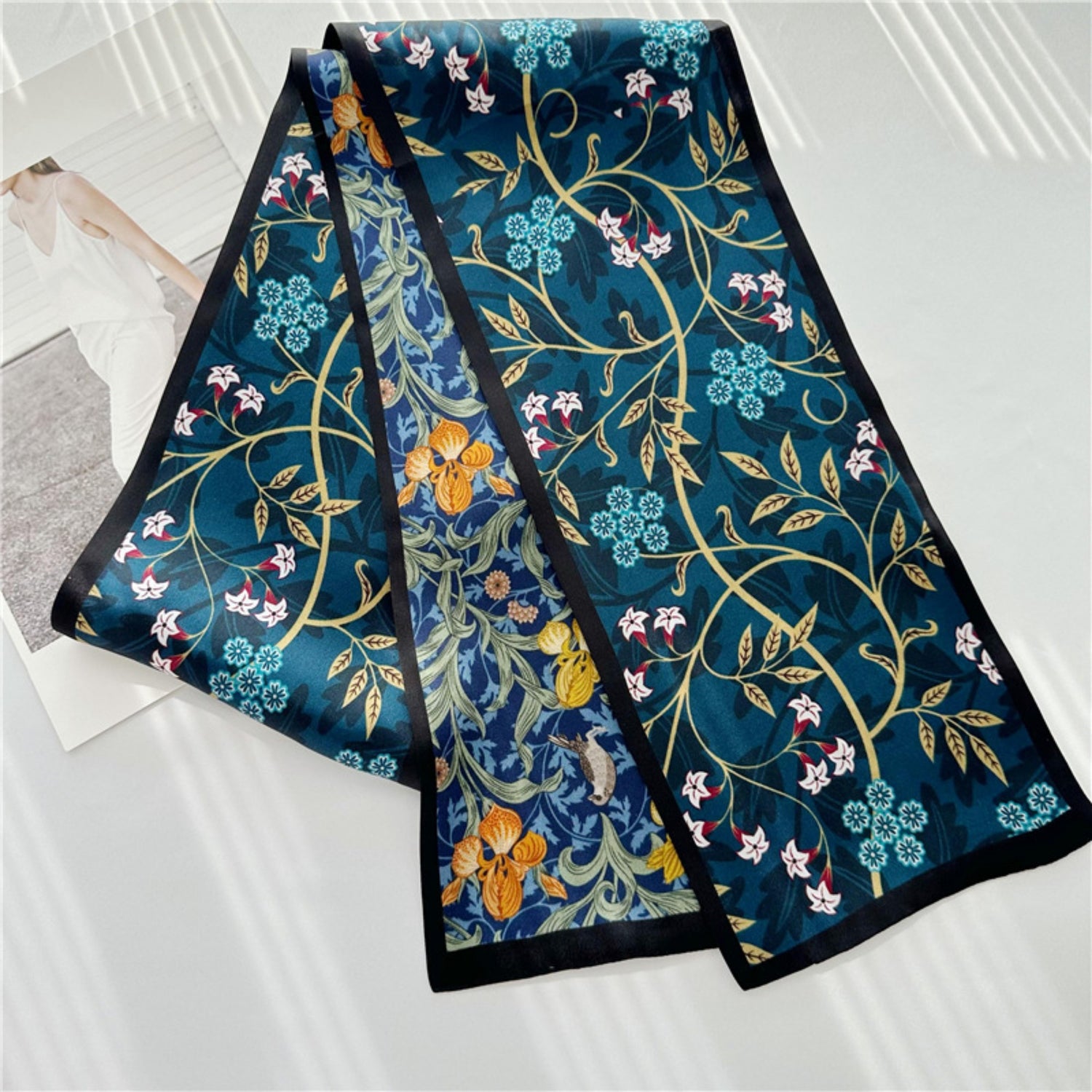 Blue Double-Sided Floral Mulberry Silk Scarf | Soft &amp; Romantic Long Ribbon