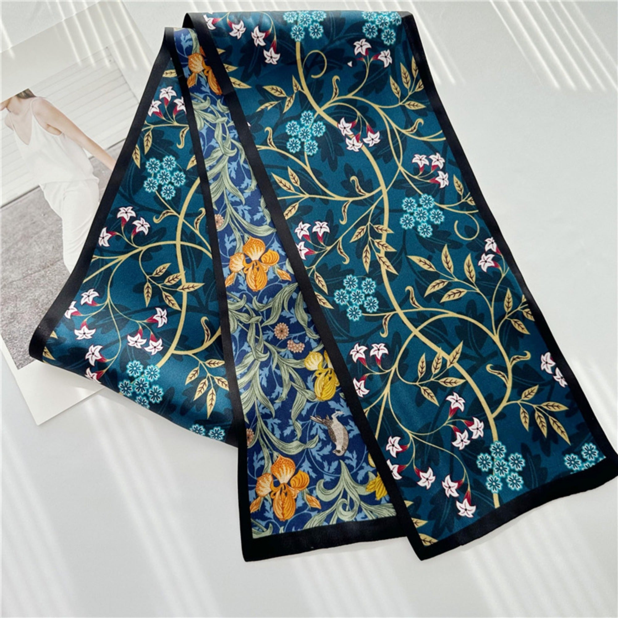 Blue Double-Sided Floral Mulberry Silk Scarf | Soft &amp; Romantic Long Ribbon