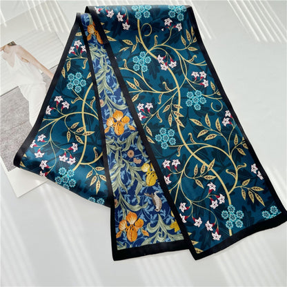 Blue Double-Sided Floral Mulberry Silk Scarf | Soft &amp; Romantic Long Ribbon
