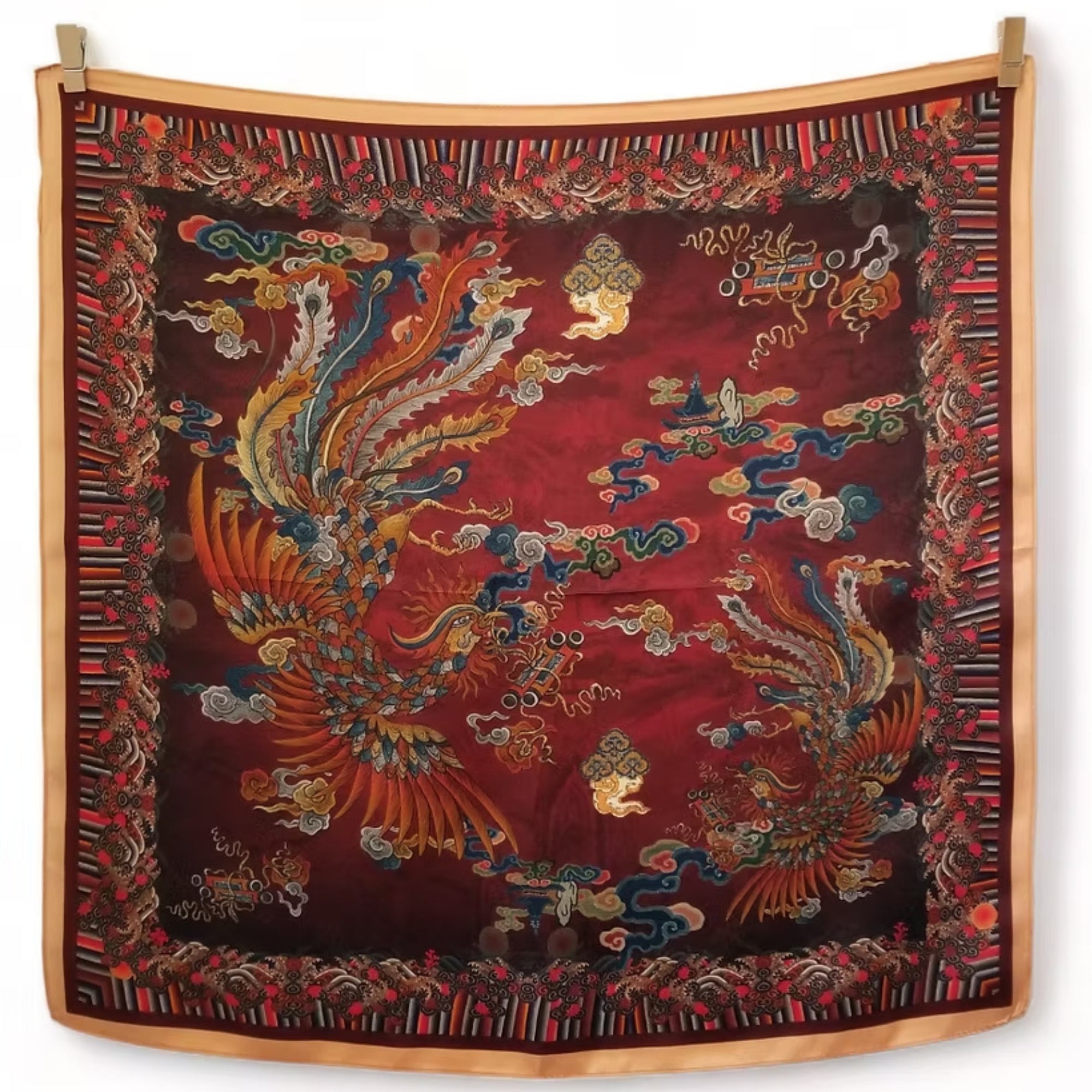53cm Mulberry Silk Scarf – Dragon &amp; Phoenix Oriental Motif Small Square Silk Bandana
