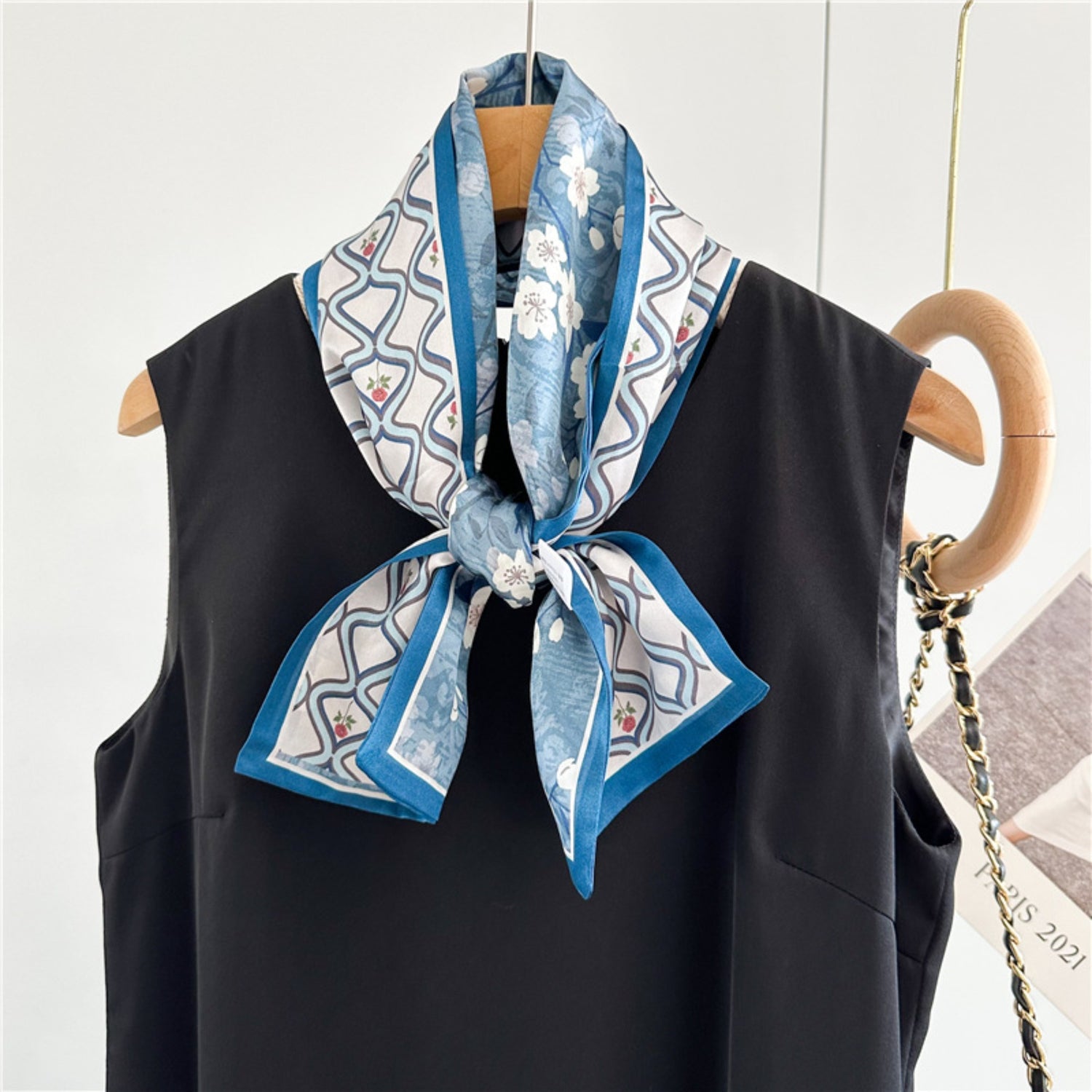 Elegant Blue Floral Plaid Silk Scarf | Graceful Checkered Mulberry Silk Ribbon