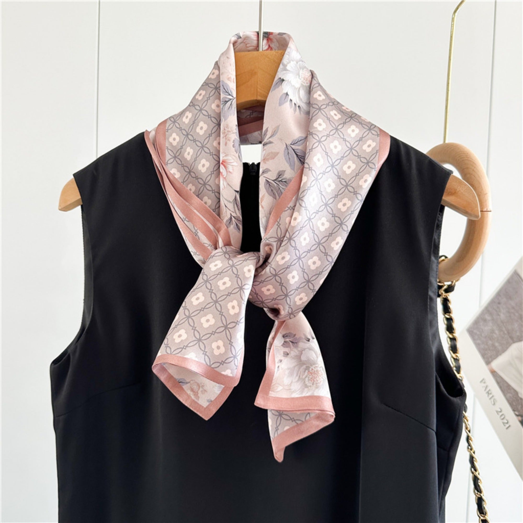 Soft Pink Floral Mulberry Silk Scarf | Romantic Tiny Blossom Long Ribbon