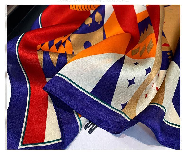 新しいインスタイルのトランププリントシルクスカーフ/100% マルベリーシルクスカーフ/カラーブロックパターンの小さな正方形のスカーフ/彼女へのギフト