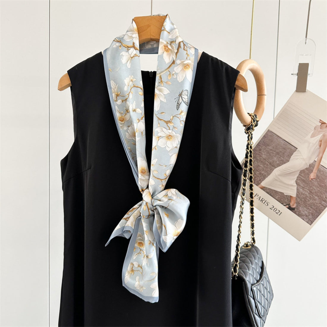 Magnolia &amp; Butterfly Mulberry Silk Scarf | Graceful Nature-Inspired Long Ribbon