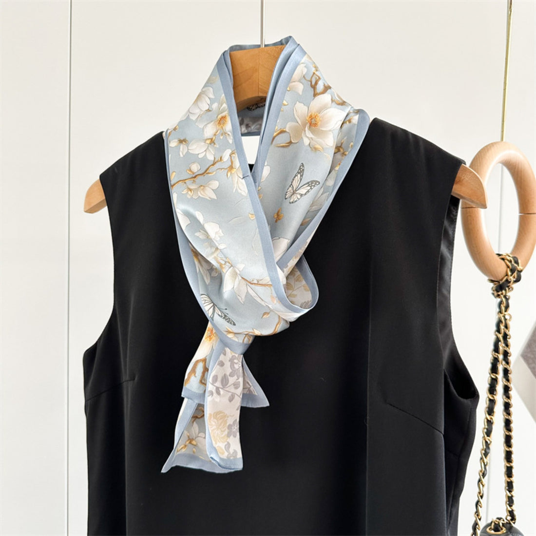 Magnolia &amp; Butterfly Mulberry Silk Scarf | Graceful Nature-Inspired Long Ribbon