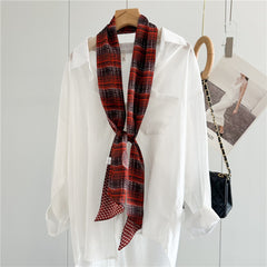 Checkered Camellia Mulberry Silk Scarf | Elegant Floral Grid Long Ribbon