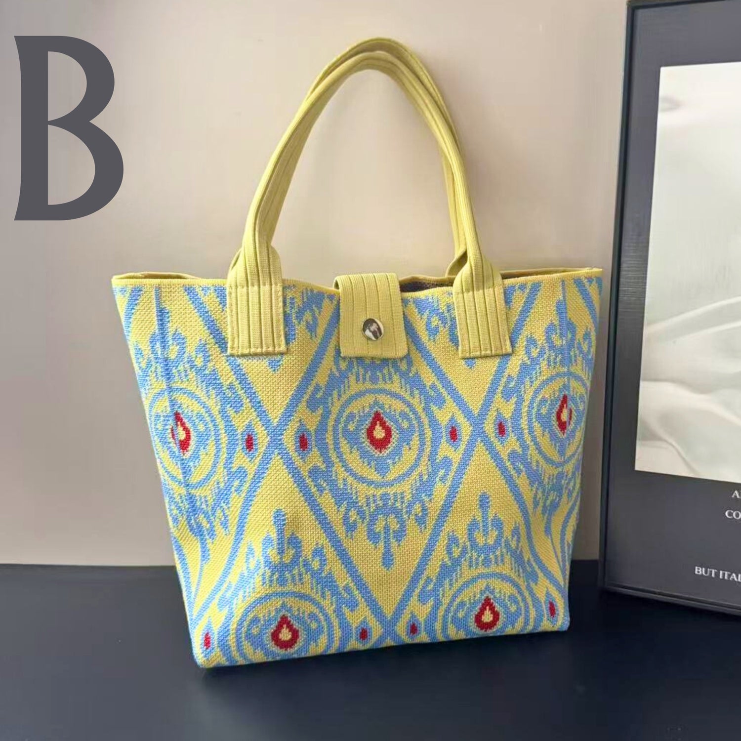 Ikat-Inspired Pattern Knit Tote