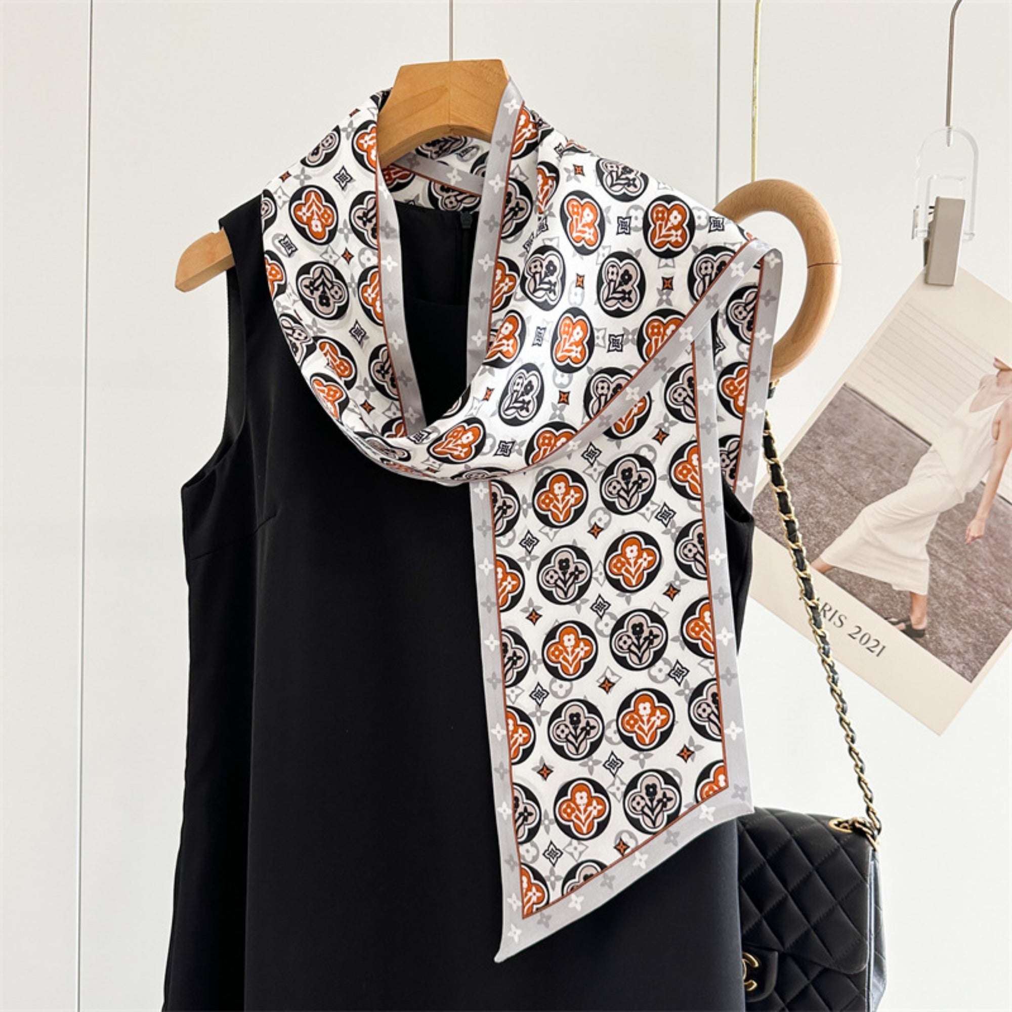 Blue Four-Leaf Clover Mulberry Silk Scarf | Lucky Charm Double-Sided Long Ribbon