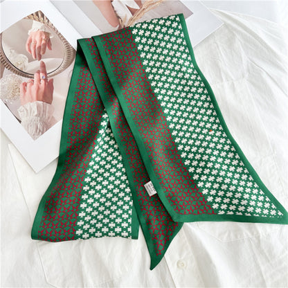 Vintage Geometric Green Mulberry Silk Scarf | Double-Sided Elegant Long Ribbon