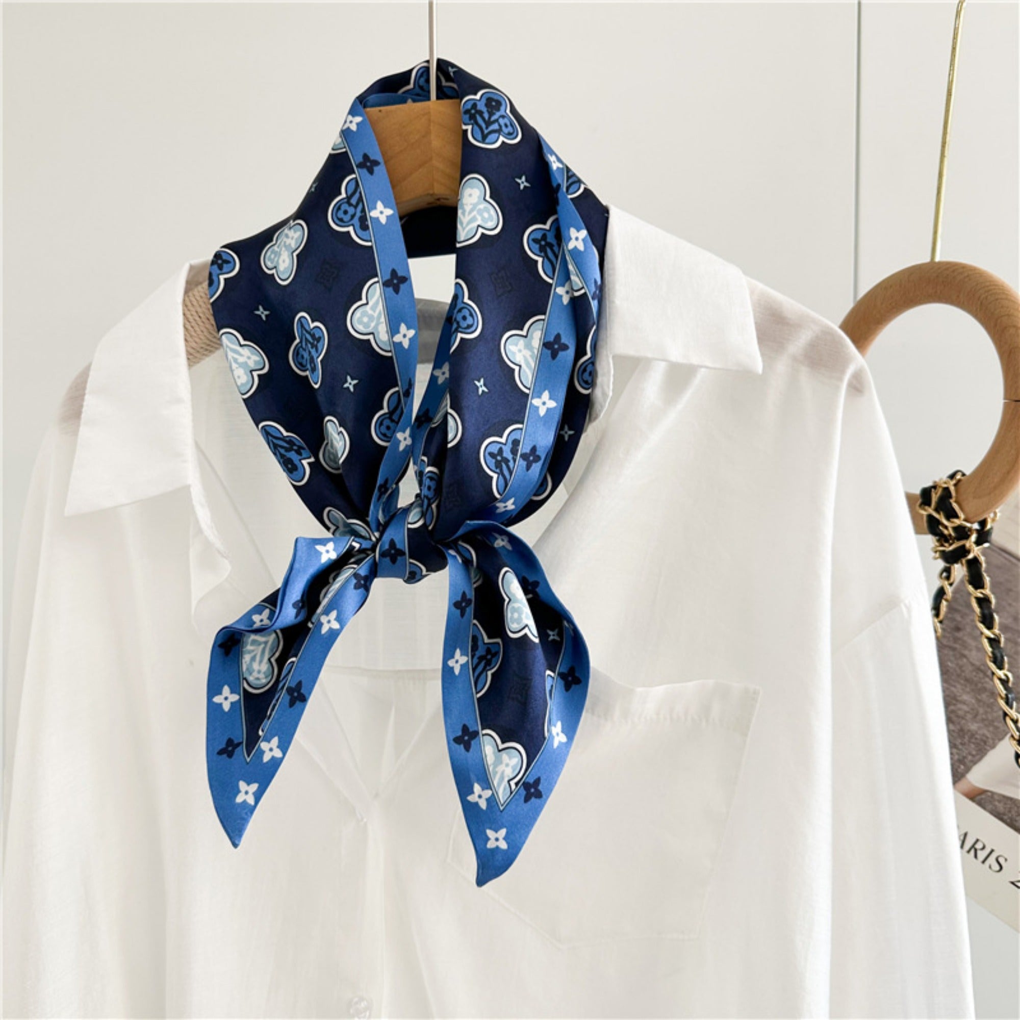 Blue Four-Leaf Clover Mulberry Silk Scarf | Lucky Charm Double-Sided Long Ribbon