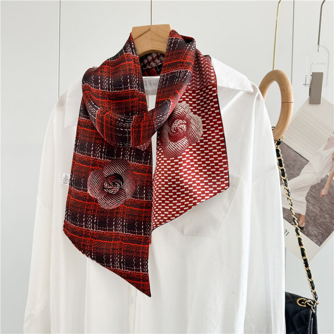 Checkered Camellia Mulberry Silk Scarf | Elegant Floral Grid Long Ribbon