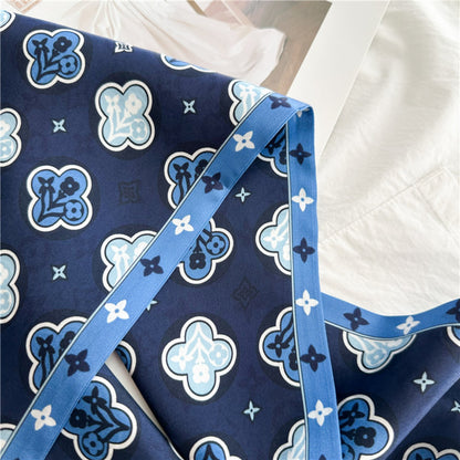 Blue Four-Leaf Clover Mulberry Silk Scarf | Lucky Charm Double-Sided Long Ribbon