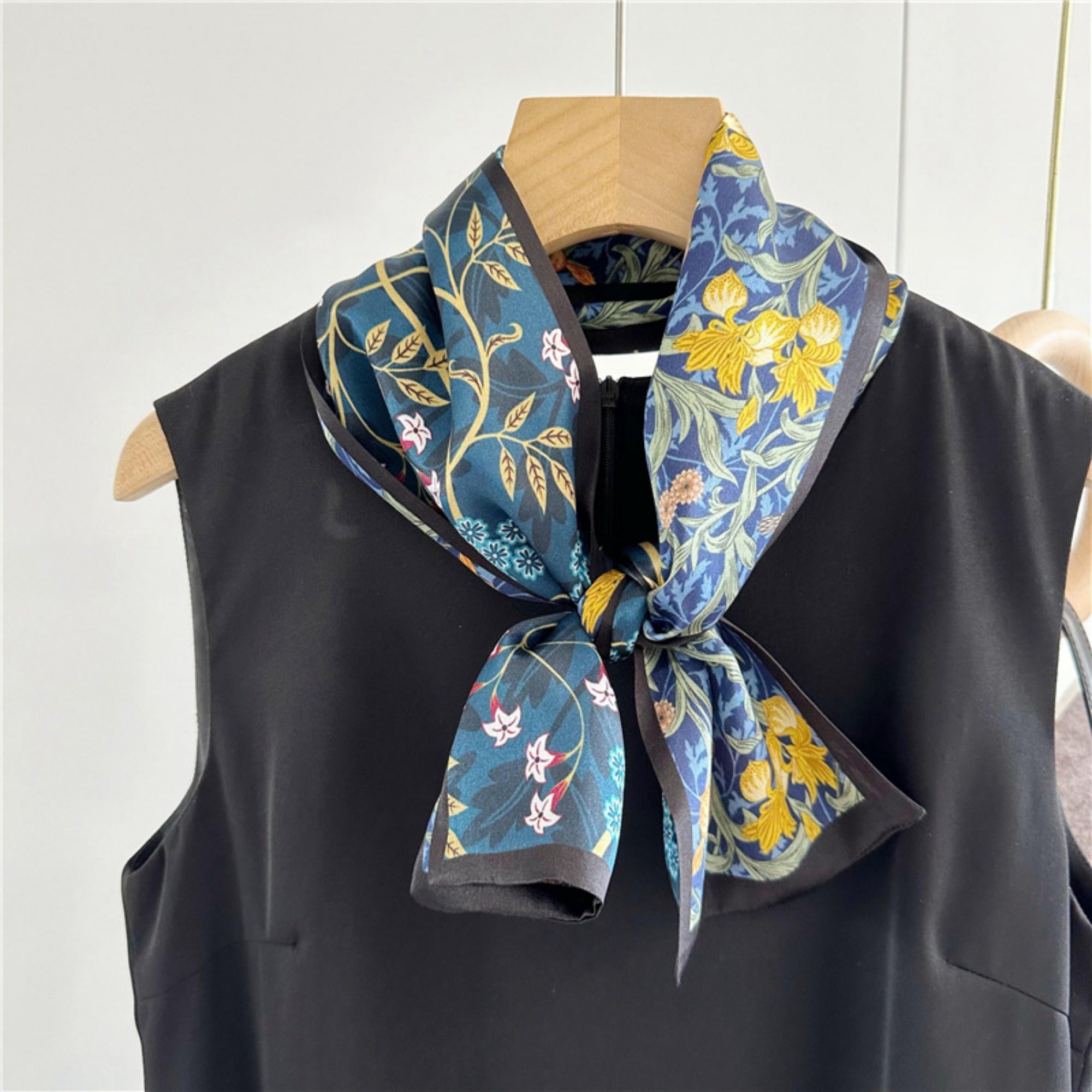 Blue Double-Sided Floral Mulberry Silk Scarf | Soft &amp; Romantic Long Ribbon