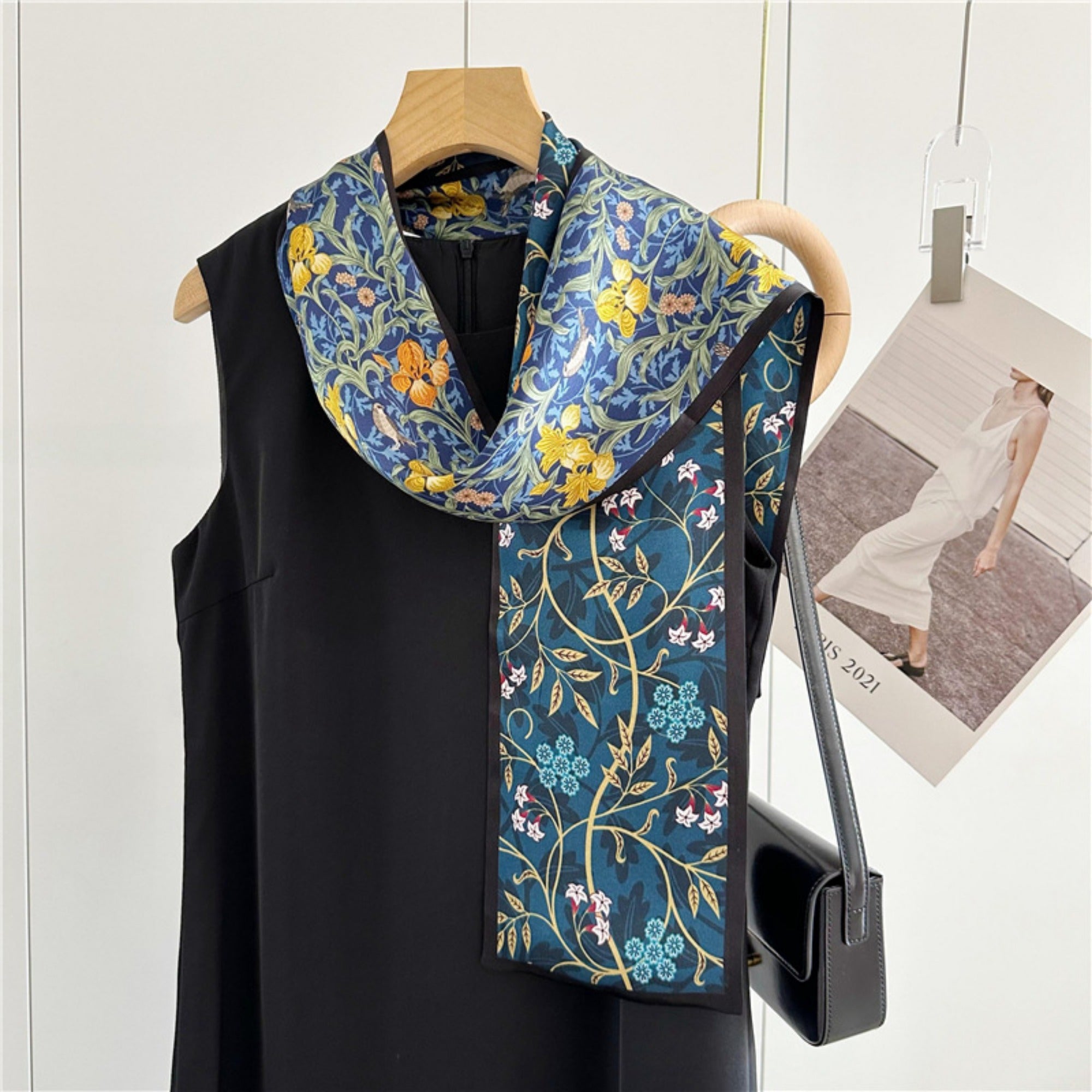 Blue Double-Sided Floral Mulberry Silk Scarf | Soft &amp; Romantic Long Ribbon