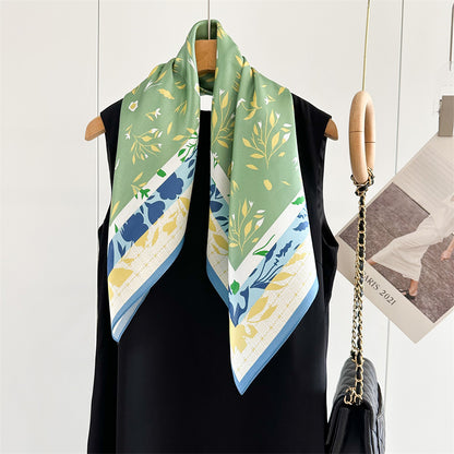 65cm Fresh Floral Mulberry Silk Scarf – Elegant Square Silk Shawl for Women, Lightweight &amp; Versatile Accessory
