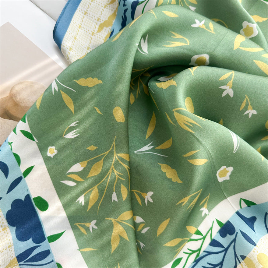 65cm Fresh Floral Mulberry Silk Scarf – Elegant Square Silk Shawl for Women, Lightweight &amp; Versatile Accessory