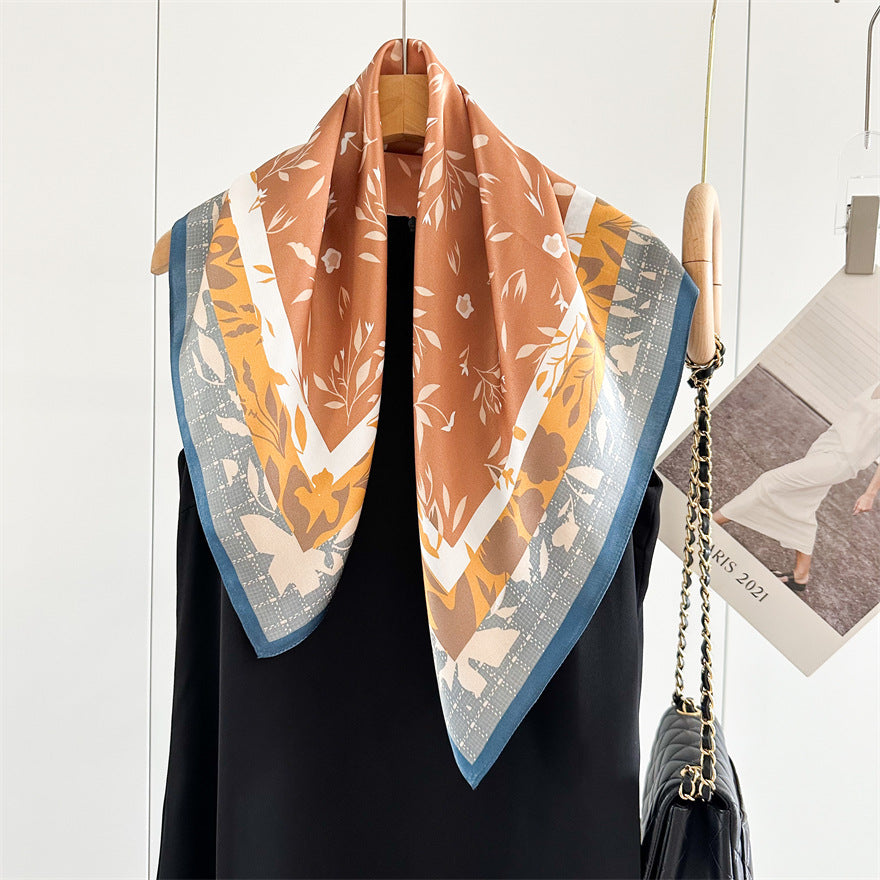 65cm Fresh Floral Mulberry Silk Scarf – Elegant Square Silk Shawl for Women, Lightweight &amp; Versatile Accessory
