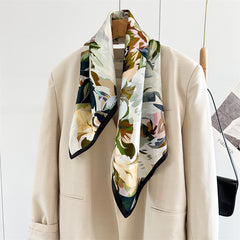 65cm Mulberry Silk Bold Rose Scarf – Double Crepe Square Shawl for Women, Elegant Floral Accessory