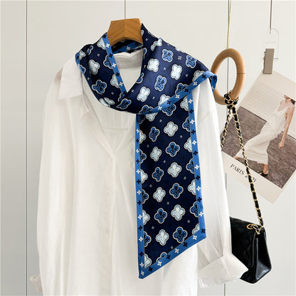 Blue Four-Leaf Clover Mulberry Silk Scarf | Lucky Charm Double-Sided Long Ribbon