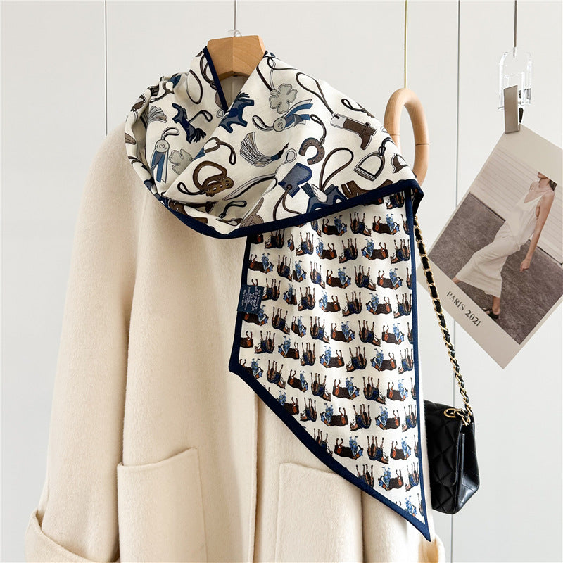 Lightweight Silk Wool Blend Scarf – Horse Pattern, Soft &amp; Versatile