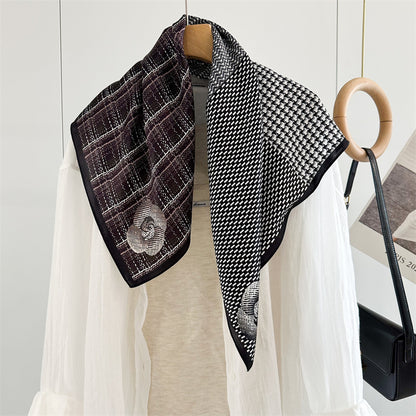 65cm Mulberry Silk Scarf – Plaid, Houndstooth &amp; Rose Print Double Crepe Square Shawl for Spring &amp; Summer