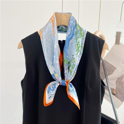 65cm Mulberry Silk Whimsical Garden Scarf Double Crepe Spring Summer Square Shawl