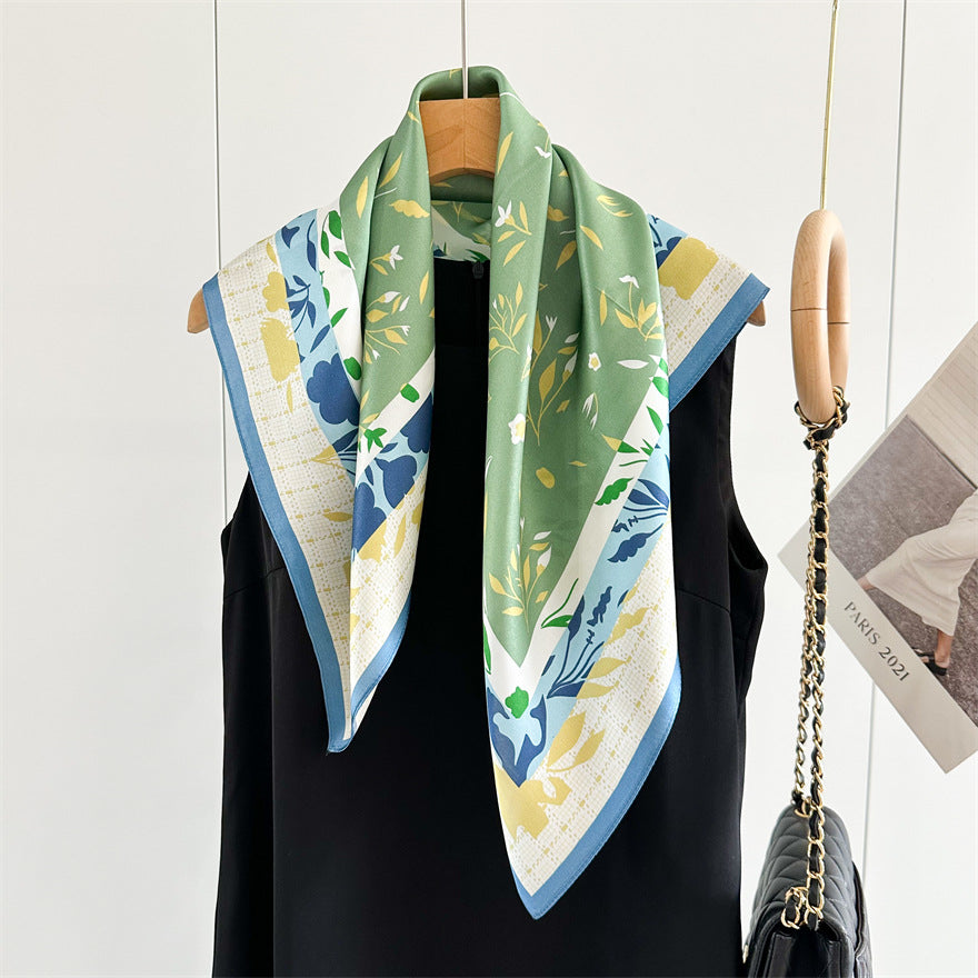 65cm Fresh Floral Mulberry Silk Scarf – Elegant Square Silk Shawl for Women, Lightweight &amp; Versatile Accessory