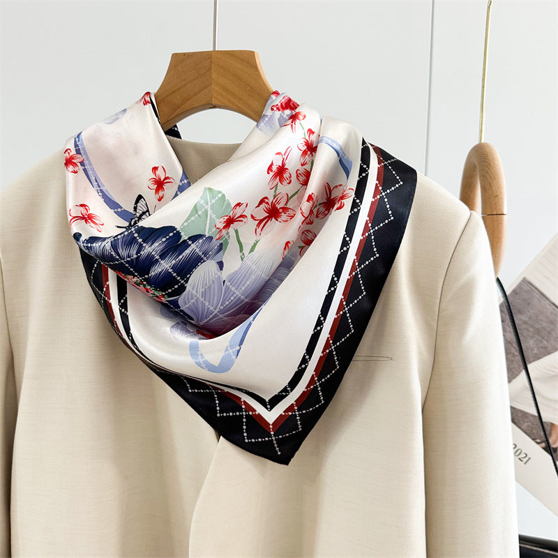 65cm Mulberry Silk Floral Peony Scarf – Double Crepe Square Shawl for Spring &amp; Summer