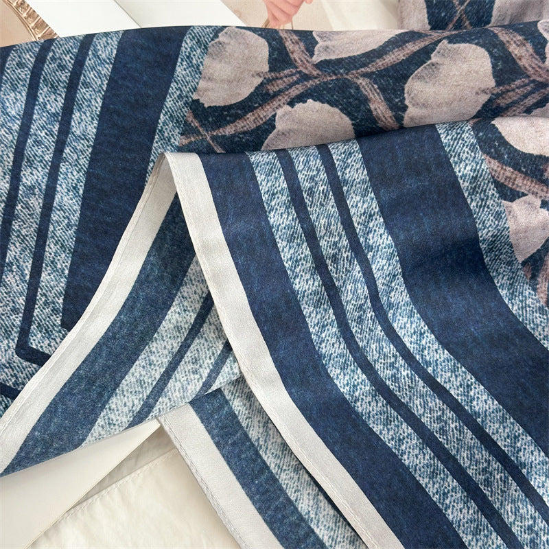 65cm Blue Lily of the Valley Mulberry Silk Scarf – Elegant Square Silk Shawl for Women, Fresh &amp; Versatile Accessory