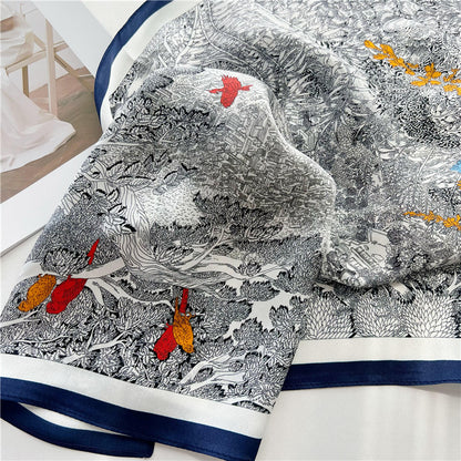 65cm Mulberry Silk Whimsical Garden Scarf Double Crepe Spring Summer Square Shawl