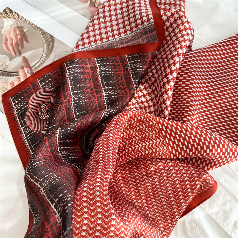 65cm Mulberry Silk Scarf – Plaid, Houndstooth &amp; Rose Print Double Crepe Square Shawl for Spring &amp; Summer