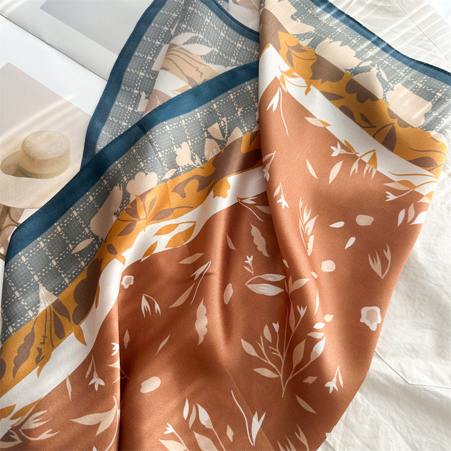 65cm Fresh Floral Mulberry Silk Scarf – Elegant Square Silk Shawl for Women, Lightweight &amp; Versatile Accessory