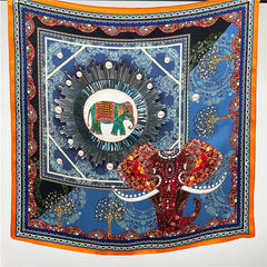 26'' Blue Gem Elephant Mulberry Silk Scarf – Artistic Square Silk Shawl for Women, Luxurious & Exotic Accessory