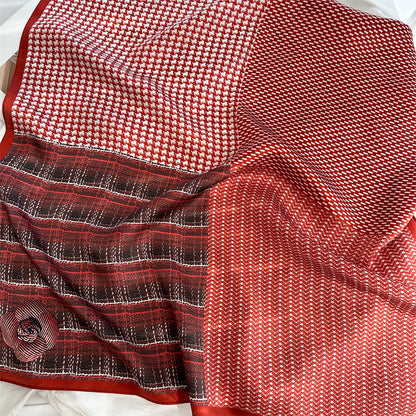 65cm Mulberry Silk Scarf – Plaid, Houndstooth &amp; Rose Print Double Crepe Square Shawl for Spring &amp; Summer