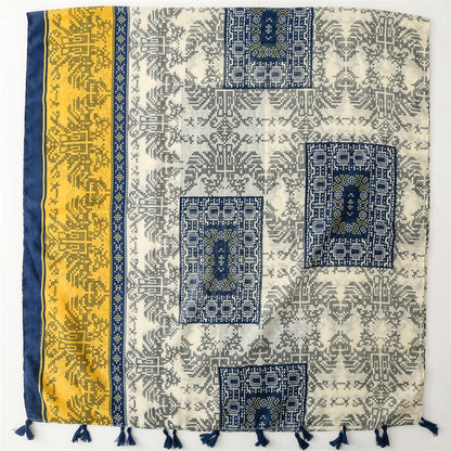 Chinese style wear accessories cotton and linen feel Bali yarn scarf exotic ethnic style cross stitch pattern fringed  scarf