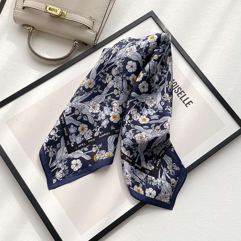 Marineblauer Chiffon-Blume-Schal aus 100 % Maulbeerseide/Kopftuch aus Seide/Haarschal aus Seide/Halstuch aus Seide/Muttertagsgeschenke/Taschenaccessoire/Geschenk für Sie