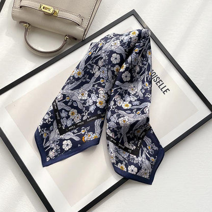Marineblauer Chiffon-Blume-Schal aus 100 % Maulbeerseide/Kopftuch aus Seide/Haarschal aus Seide/Halstuch aus Seide/Muttertagsgeschenke/Taschenaccessoire/Geschenk für Sie