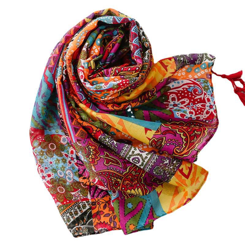 Vintage Wear Accessories Cotton and Linen Feel Bali Yarn Scarf Ethnic Style Red Bohemian Tassel  Shawl