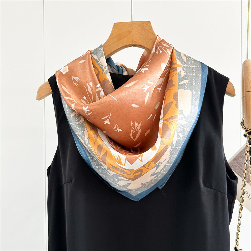 65cm Fresh Floral Mulberry Silk Scarf – Elegant Square Silk Shawl for Women, Lightweight &amp; Versatile Accessory