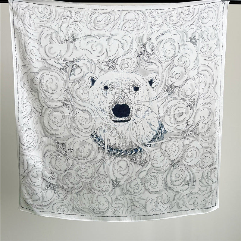 65cm Polar Bear Print Mulberry Silk Scarf – Cute Animal Square Shawl