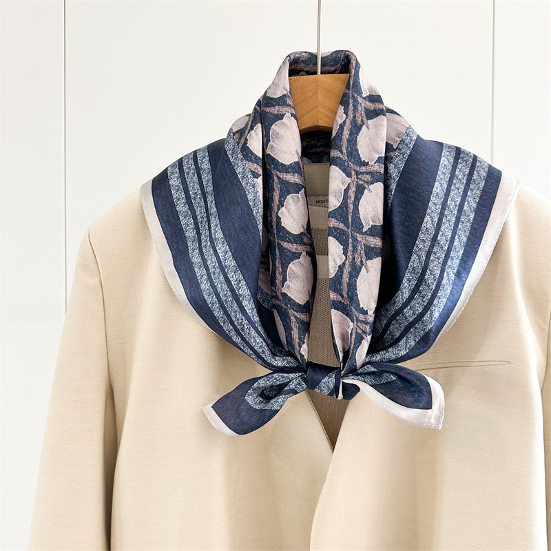 65cm Blue Lily of the Valley Mulberry Silk Scarf – Elegant Square Silk Shawl for Women, Fresh &amp; Versatile Accessory