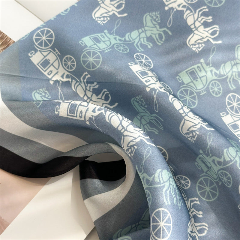 Denim Blue Carriage Print Mulberry Silk Scarf – 65cm Square Double Crepe Shawl