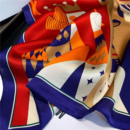 新しいインスタイルのトランププリントシルクスカーフ/100% マルベリーシルクスカーフ/カラーブロックパターンの小さな正方形のスカーフ/彼女へのギフト